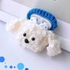 Knitted Wireless Headphone Case Plush Silicone Wireless Bluetooth Earbuds Headphones Case, White Dog Blue Hat